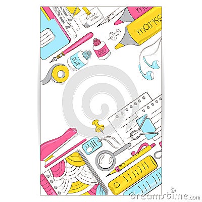 School and office supplies. Background of stationery for graphic design, web banners, website template and printed materials. Vect Vector Illustration